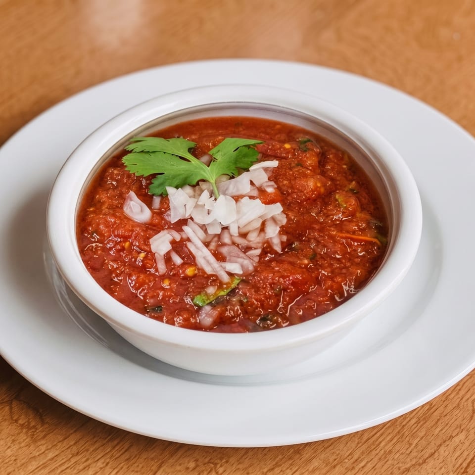 A white bowl of red salsa, topped with chopped white onions and a sprig of cilantro, on a wooden table.