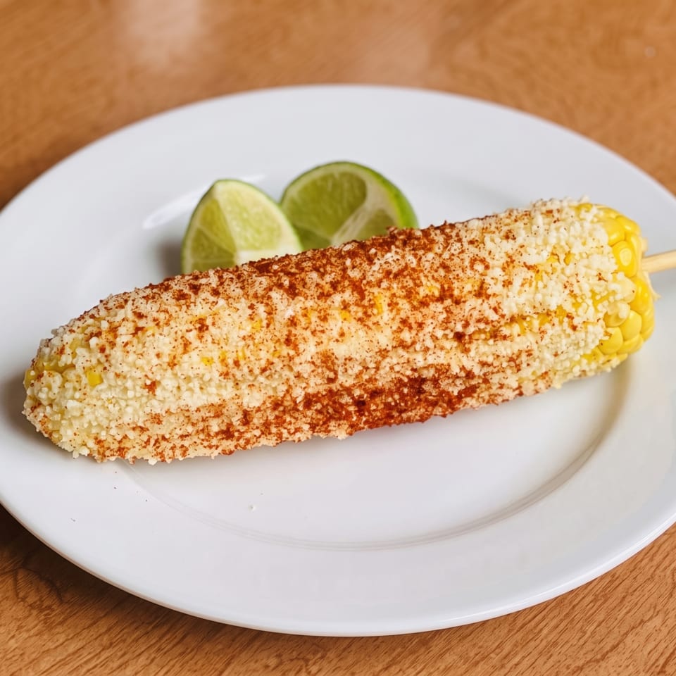 Elote, Mexican street corn, on a white plate with two lime wedges, on a wooden table.