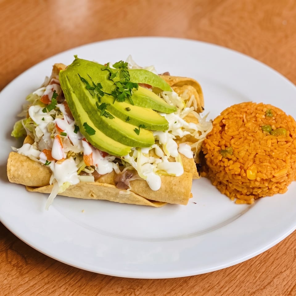 Crispy taquitos topped with avocado, lettuce, and sour cream, served with a side of orange rice.