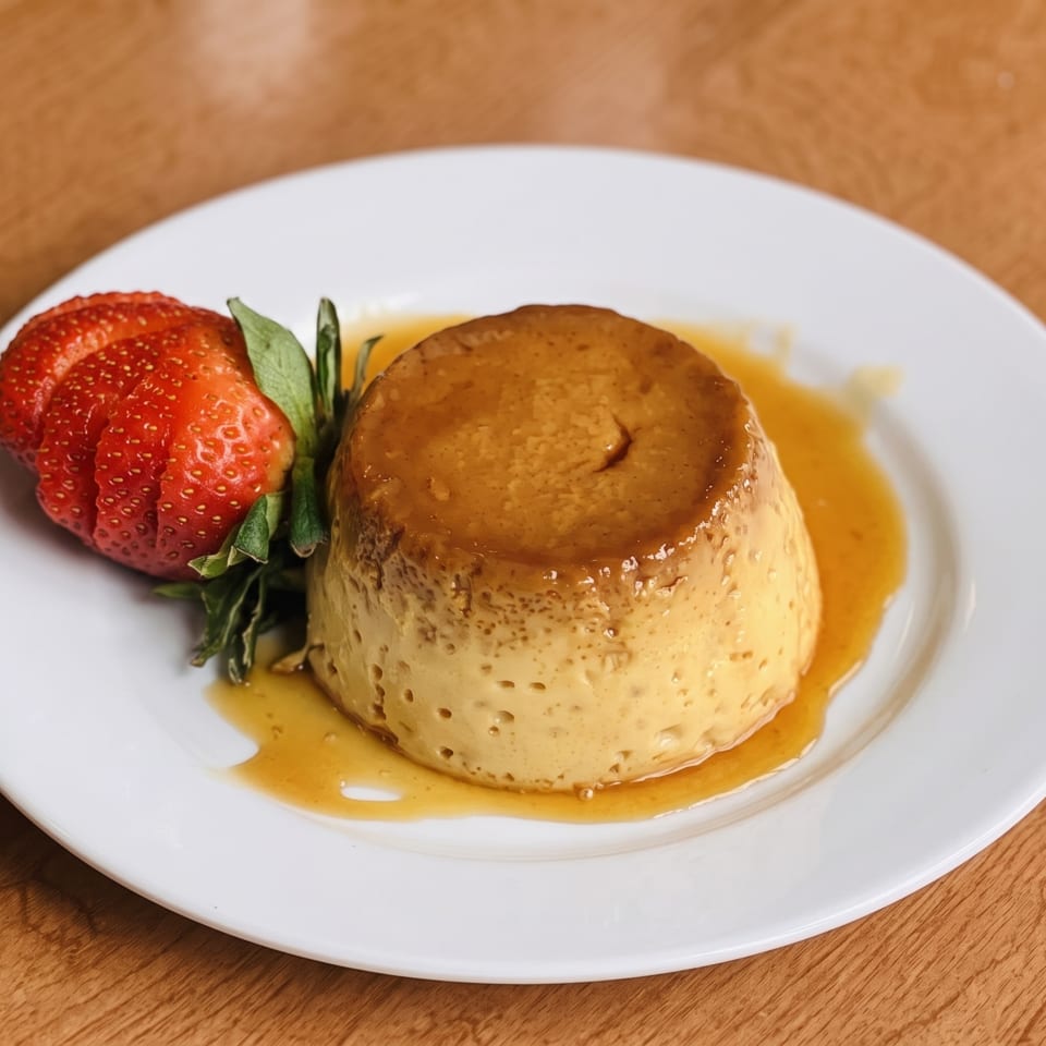 Flan dessert with caramel sauce, garnished with a sliced strawberry and mint on a white plate.