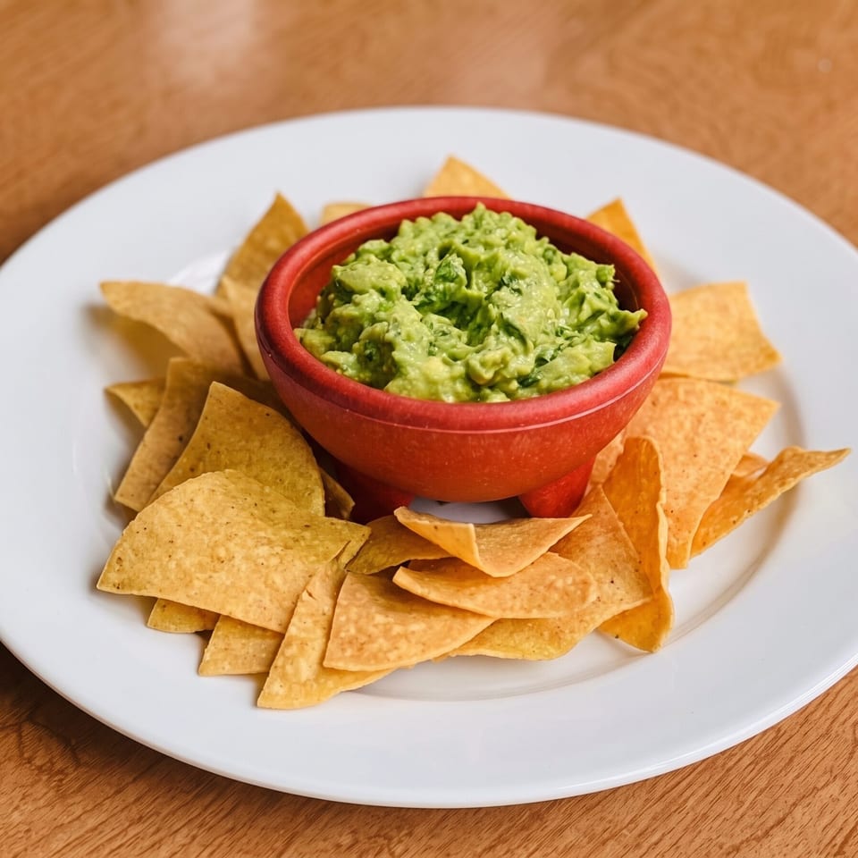 A red bowl of guacamole surrounded by tortilla chips on a white plate.